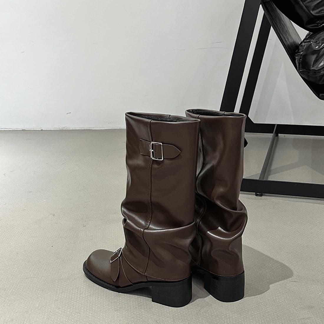 Women's Slouchy Knee High Boots,Round Toe Length Boot,Female All-Match Trendy Shoes,Winter Fall Chunky Metallic Buckle Boot thumbnail 3