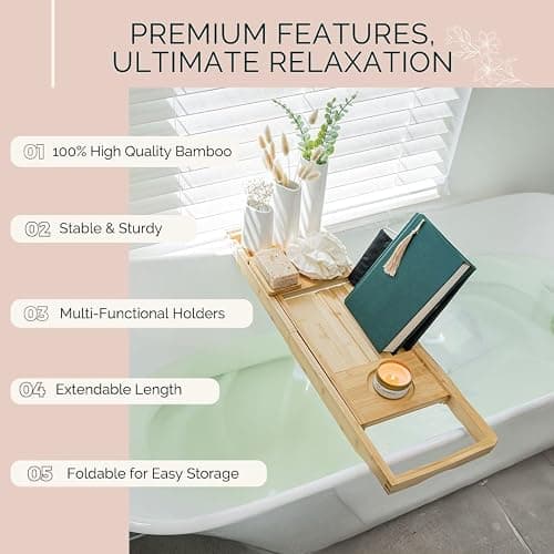 Bath Pillow and Bathtub Tray Set for Tub | Luxurious, Relaxing Home Spa Accessories with Bath Tub Pillows for Head and Neck, Foldable Bath Tray Caddy Organizer | Relaxation Gifts for Women Self Care thumbnail 7