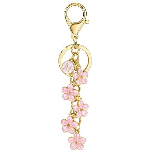 XGALBLA White Pink Black Cute Initial Letter Keychain for Women, Flower Bag Charms Enamel Keyring for Handbag Backpack - Image 1