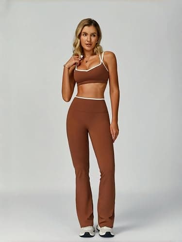 ABOCIW Workout Sets for Women 2 Piece Color Block Strappy Sports Bra High Waist Flare Leggings Gym Yoga Pilates Outfits thumbnail 2