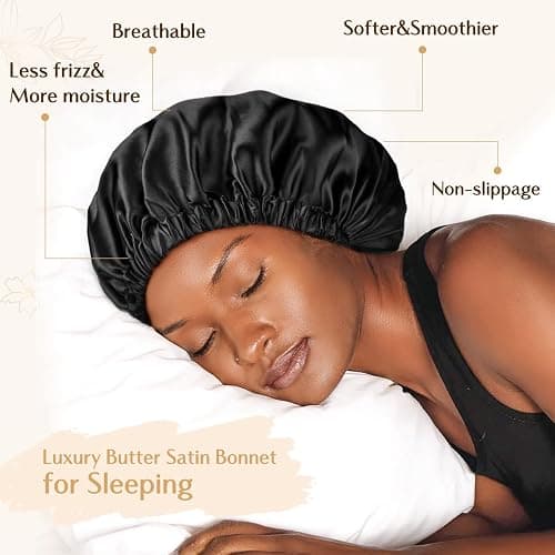 YANIBEST Adjustable Satin Bonnet Double Layer Hair Bonnet for Sleeping Bonnets for Women Hats Curly Natural Hair, Black thumbnail 2