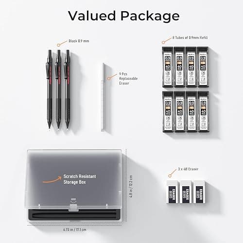 Nicpro 0.9 Metal Mechanical Pencil Set with Case, 3PCS Black MP1000 0.9mm Drafting Pencil, 8 Tubes HB Lead Refills, 3PCS Erasers, Erasers Refills for Artist Writing, Drawing, Sketching thumbnail 3