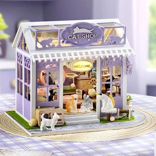 DIY Puppenhaus Miniatur Kit, Mini Cat Pet Shop Puzzle Modell 1:24 Kätzchen Puppenhaus Möbel Zubehör und LED Lichter Kinder Teen und Erwachsene bauen Geschenk (Cat Store) thumbnail 2