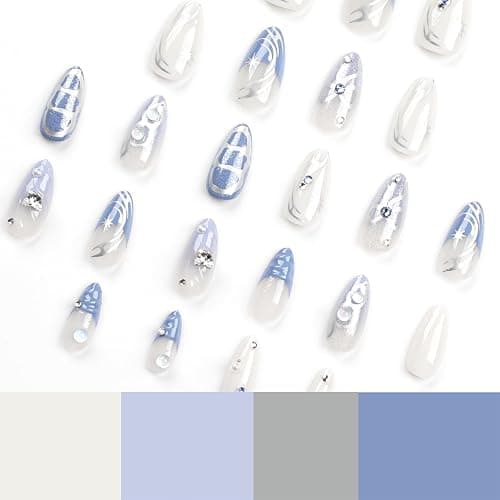 Blue Press on Nails Medium Almond Fake Nails Press ons with Designs Rhinestone Bow False Nails Glossy Full Cover Stick on Nails Charms Cute Acrylic Glue on Nails for Women Manicure 24Pcs thumbnail 4