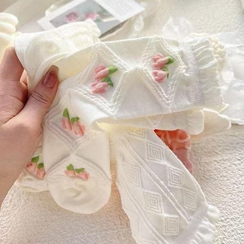 Flixxo 5 Pair Cute Women's Cottagecore Lace Ruffle Ankle Socks - Cable Knit Cotton Coquette Aesthetic Socks thumbnail 2