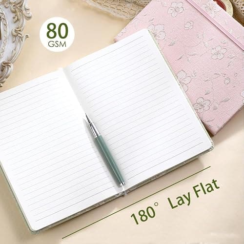 ipoul A5 Notebook, Ruled Paper, Lined Page, Hardcover, Layflat, Linen Cover, Flower Fabric, Journal for Women, Elastic Band Closure, Cute Notebooks for School, Office, Personal Writing, Green thumbnail 3