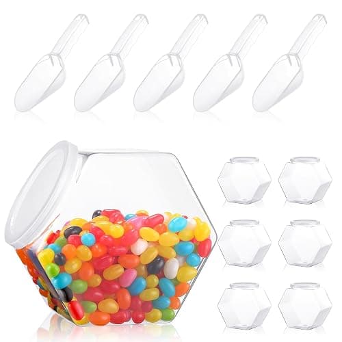 Hoolerry 12 Pcs Plastic Candy Jar with Scoops Set include 6 Hexagon Cookie Jars with Lid for Candy Buffet and 6 Candy Scoops 73 oz Large Storage Jar Clear Food Storage Canisters Kitchen Countertop Jar - Image 1