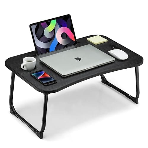 VIFOCAE Foldable Lap Desk, Laptop Bed Desk, Portable Lap Table, Laptop Bed Table with Cup Holder & Tablet Slot & Lifting Handle for Working Writing Drawing & Eating - Black Wood - Image 1