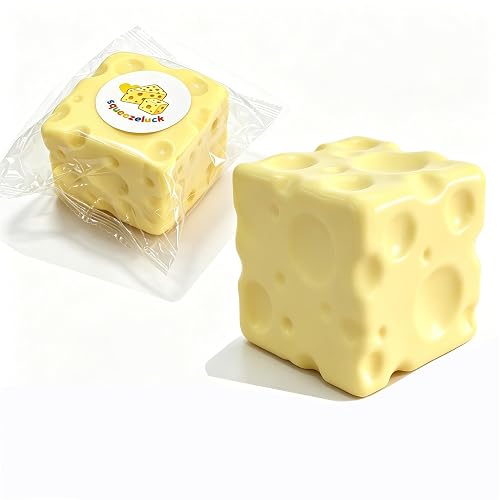 Squeezeluck Cheese Squishy Toy - Slow-Rising Fidget Toys for Stress Relief & Sensory Calming, Soft Foam Bread and Butter Cube Squeezy Balls for Desks & Classrooms, Perfect Palm Size (2.5" Yellow) - Image 1