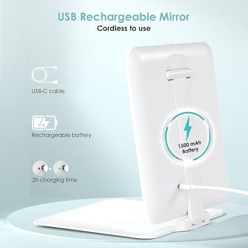7.8" x 6.1" Rechargeable Travel Makeup Mirror with Lights and Small 10X Magnification, Foldable Stand with Adjustable Height & Angle, 3 Light Colors LED Lighted Vanity Mirror (White) thumbnail 4