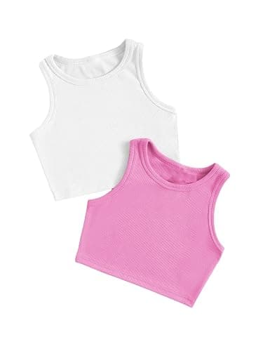 Milumia Girl's 2 Pack Ribbed Knit Sleeveless Round Neck Casual Baisc Crop Tank Top - 10 Years - A White and Pink - Image 1