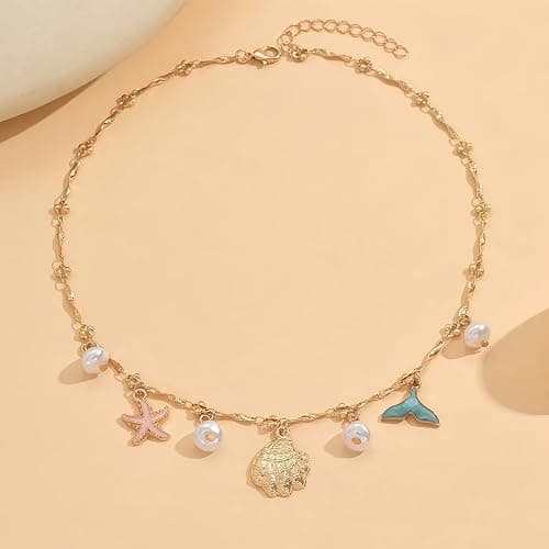 Shell Starfish Necklace for Women, 14k Gold Plated Boho Layered Beaded Charm Pendant Necklace, Dainty Adjustable Pearl Conch Summer Beach Vacation Jewelry Gifts thumbnail 5