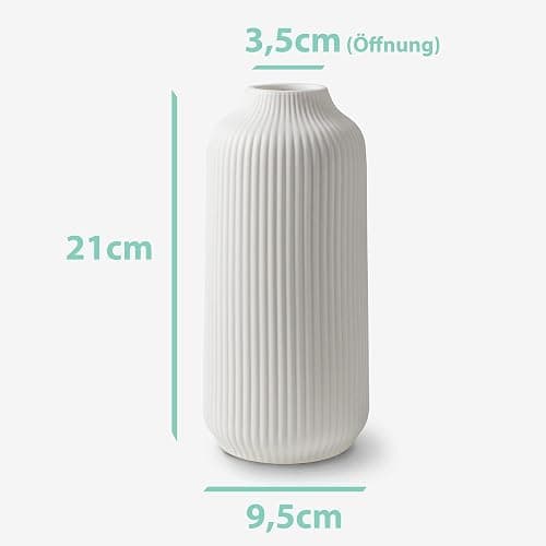 flature Keramik Vase mit Rillen - Dekovase Klein für Pampasgras als Boho Deko, kleine Blumenvase Weiß Matt 21cm hoch für Flowers, Wohnungsdeko für frische Blumen, Trockenblumen, Esstisch, Büro (Gr.M) thumbnail 3