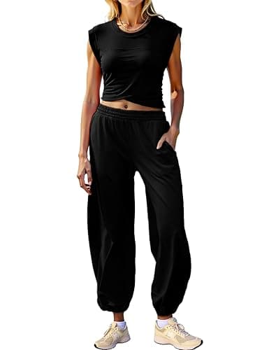 Glamaker Women's Two Piece Athletic Sets Casual Workout Sleeveless Cropped Tops High Sweatpants Joggers Tracksuits thumbnail 9