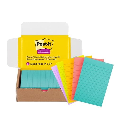 Post-it Super Sticky Lined Notes, 5 Sticky Note Pads, 4x6 in, Ideal for New Year Spring Cleaning or Second School Semester, Sticky Notes for Dorm, Home and Office, Bright Colors - Image 1