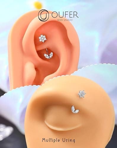 OUFER 925 Sterling Silver Rook Piercing Jewelry, Flower Eyebrow Rings, Silver Curved Barbells 16G, Daith Rook Earrings for Women -8MM thumbnail 6