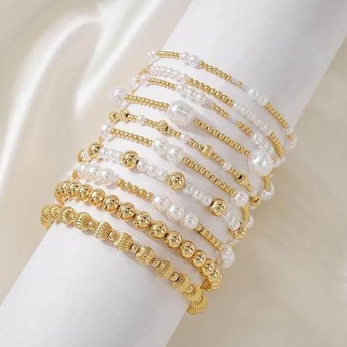 SHINUS BOHO Dainty Cross Clover Gold Beaded Pearl Bracelet Stack for Women,Handmade Boho Gold Plated Beads Stretch Stackable Bracelets Fashion Birthday Prom Jewelry Accessories Gift Friendship thumbnail 3