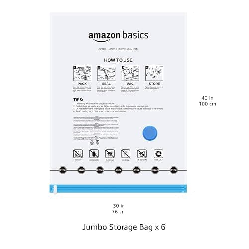 Amazon Basics Vacuum Compression Space Saving Storage Bags with Hand Pump for Clothes Packing, Jumbo, Clear, Pack of 6 thumbnail 3