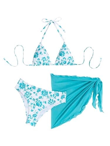 SHENHE Women's 3 Piece Floral Bikini Set with Wrap Coverup Halter Triangle Swimsuits - Image 1