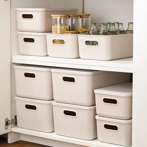 Yishyfier Plastic Storage Baskets With Lid Organizing Container Lidded Knit Storage Organizer Bins for Shelves Drawers Desktop Closet Playroom Classroom Office (4M+2S, Light grey) thumbnail 3