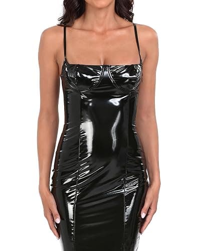 HDE Women's Latex Midi Bodycon Dress Vinyl Faux Leather Sexy Balconette Dresses thumbnail 3