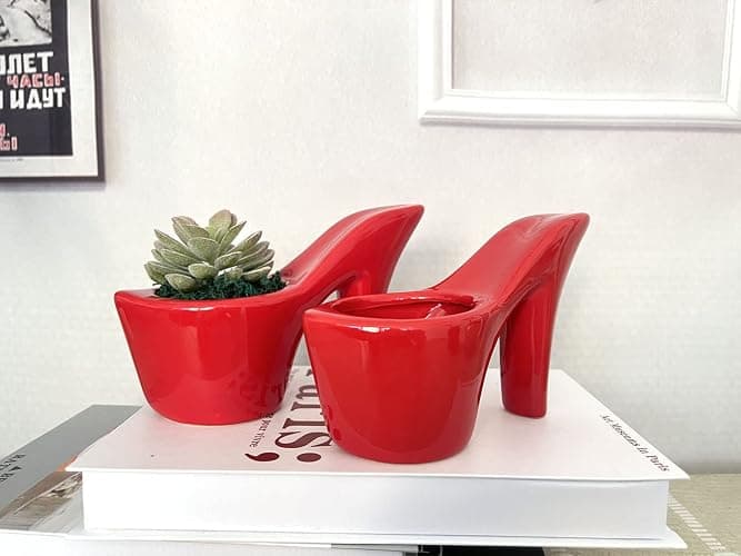 Beitewei 2PCS Succulent Planter Small Pot High Heel Shaped Ceramic Flower Pot Indoor Plant Pots Cute Planter Valentines Day Decor (Red) - Red thumbnail 4