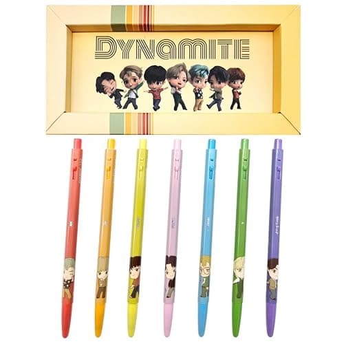 TinyTAN BTS Merchandise Official Licensed Kpop Merch Character Ballpoint Pen, 0.5mm, (1 Pack of 7 Pens) (Dynamite Ver.) - Image 1