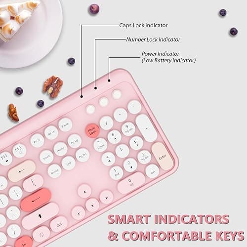 Wireless Keyboard,KOOTOP Cute Colorful 104 Keys Typewriter Retro Round Keycaps Keyboard for PC Laptop,Desktop,Windows, Home and Office Keyboards (Pink) - S300 pink thumbnail 4