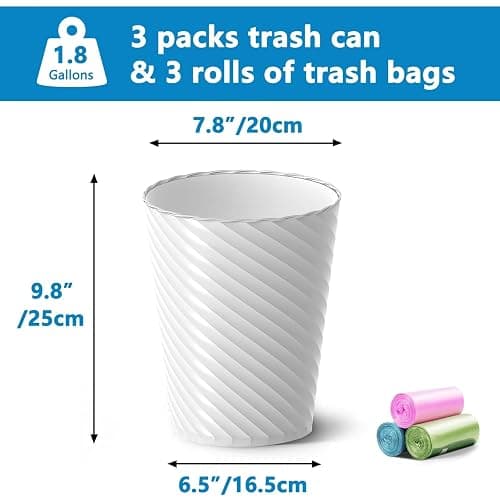 Bathroom Trash Can, 3 Pack 1.8 Gallons Small Trash Can with Trash Bags, Bathroom Garbage Can, Plastic Trash Bin, Round Waste Basket for Living Room, Bedroom, Office, Kitchen, Compact Space (White) thumbnail 3