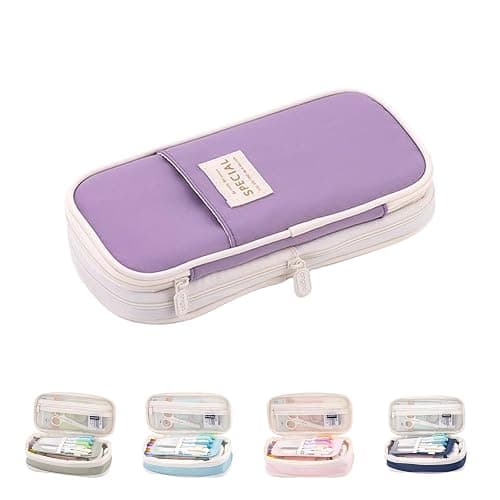 Large Capacity Pencil Case Organizer,Big Pencil Pouch with Zipper Compartments,Cute Pencil Case Aesthetic Pen Pouch Bag for Office Art (Purple) - Image 1