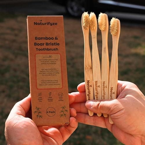 Naturifyze Boar Bristle & Bamboo Toothbrush (4 Pack) - Authentic Boar Bristles - Biodegradable - Plastic Free - Bamboo & Boar Bristle thumbnail 8