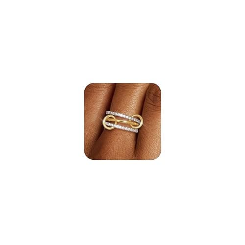 TLY Stackable Gold Rings for Women 18K Gold Plated Interlocking Ring Stack Set Gold Silver Mixed Metal Statement Rings Waterproof Dainty Cubic Zirconia CZ Fashion Connected Band Thumb Ring Size 4-11 Jewelry Gift for Women - Image 1