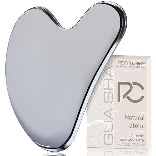 Rena Chris Gua Sha Facial Tools: Natural Terahertz Guasha Tool for Face Acupuncture Therapy, Facial Massager for Jawline Sculpting and Puffiness Reducing (Silver-Gray) - Image 1