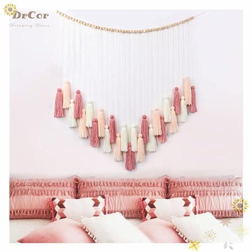 DrCor Blush Pink Boho Macrame Wall Hanging – Handmade Rose Gold Tassel Decor for Nursery, Dorm, Baby Shower, Wedding & Cozy Fall Home or Classroom Display thumbnail 2