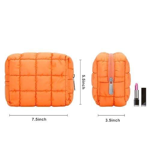 E-Tree Cute Makeup Bag,Quilted Cosmetic Bag,Make up Pouch for Purse,Toiletry Zipper Pouch,Checkered Bag,Travel Case,Storage Pouches for Organization Orange thumbnail 6