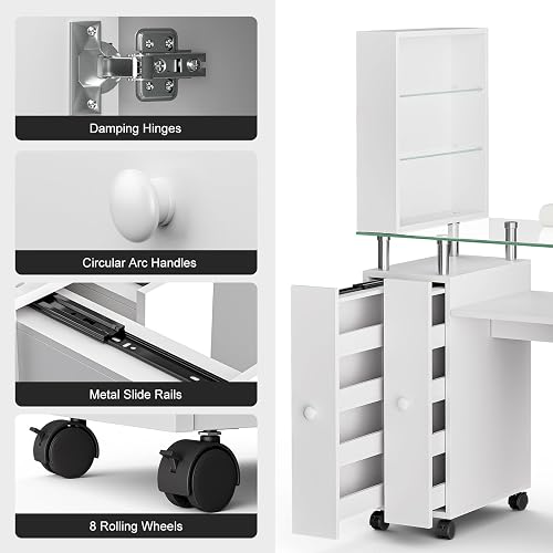 Paddie Manicure Table Nail Desk for Technician, Acetone Resistant Nail Tech Table Nail Table Station w/Glass Desktop, Wrist Cushion, 3-Tiers Shelves, Lockable Wheels & Cabinet (White) thumbnail 6