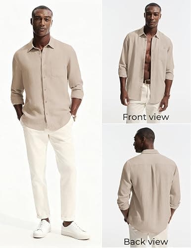 PJ PAUL JONES Men's Casual Button Down Shirts Long Sleeve Linen Beach Wedding Shirt Summer Vacation Shirt for Men thumbnail 2