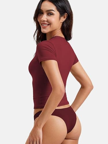YEOREO Women's Double Lined Fitted Basic Tops Casual Short Sleeve Crew Neck T Shirt Sweeney Y2K Going Out Tee Tops thumbnail 4