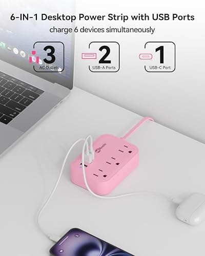 Pink Power Strip - 5Ft Extension Cord with 3 USB(1 USB C) Charging Station and 3 Outlets, Pink Desk Accessories for Cruise Travel Cute Kawaii College Dorm Desk Home Essentials thumbnail 2