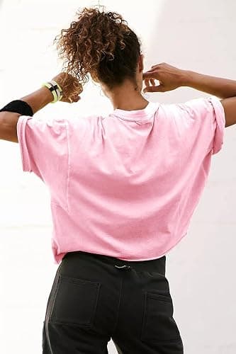 Women's Oversize Workout Crop Tops Casual Short Sleeve Drop Shoulder Boxy T-Shirts Roll Hem Basic Loose Yoga Running Tees thumbnail 2