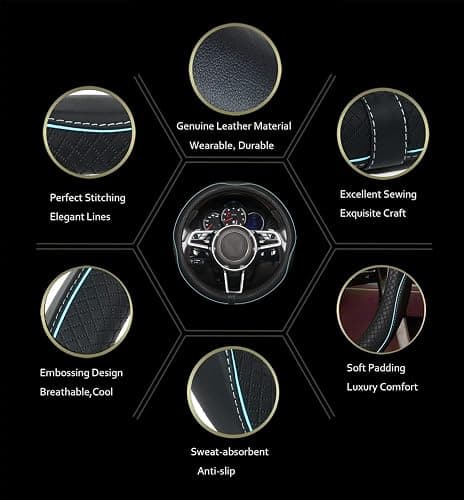 Car Steering Wheel Cover,Anti-Slip, Safety, Soft, Breathable,Heavy Duty, Thick,Full Surround,Sports Style (Black with Light Blue Line) thumbnail 2