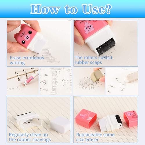 Sooez 12 Pack Pencil Erasers, Cute Erasers Pencil Eraser with Clean up Roller Pencil Eraser Shaving Roller Case Erasers for Party Favors Gift Supplies thumbnail 6