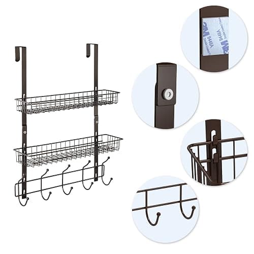 OYEAL Türgarderobe mit 5 Haken, 2 Körben, Stahl, stabil, langlebig, Garderobenleiste, Handtuchhaken, Hänge-Organizer, Regale für Zuhause, Schlafzimmer, Badezimmer, Küche, Braun thumbnail 3