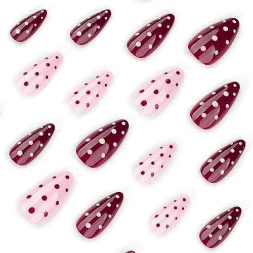 Polka Dot Press on Nails Medium Almond Fake Nails Burgundy Pink Nails Press ons with Design Full Cover Stick on Nails for Women Manicure,Reusable | Artificial | Nail Sticky Tabs | Easy Apply | 24Pcs thumbnail 3