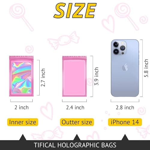 TIFICAL-Mylar-Bags, 100 PCS Holographic 2.4x3.9 Inch | Small Mylar Pouches, Resealable Bags for Small Business, Mini Pink Smell Proof Bag, Bracelet Pouch, Jewelry Sleeves, Sample Packs thumbnail 2