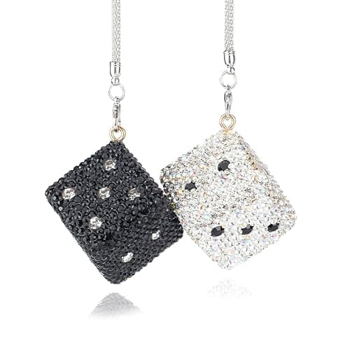 Bling Diamond Dice Car Hanging Accessories – Crystal Rear View Mirror Ornament, Sparkly Car Decor, Lucky car Accessories All Models (Black and White) - Image 1
