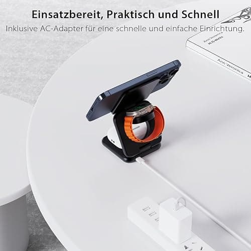 KU XIU X40 Induktive Ladestation 3 in 1 – Magnetisches Kabelloses Ladegerät, Faltbares Reiseladegerät für iPhone Serie 17–12/Air, 5W für iWatch Serie 11–4/Ultra/SE und Kabellose Kopfhörer – Schwarz thumbnail 7
