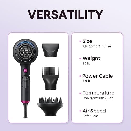 Wavytalk Hair Dryer with Diffuser, Blown Away Ionic Hair Dryer for Curly Hair with Comb, 1875W Fast Drying Blow Dryer with Ceramic Technology, 3 Attachments for All Hair Types, Light and Quiet, Black thumbnail 7