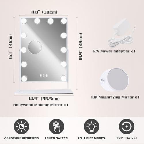 COOLJEEN Makeup Mirror Vanity Mirror with Lights - 12 Led Bulbs Lighted Hollywood Mirror, 10X Magnification,3 Color Modes, Touch Control, Women Gift (White) thumbnail 2