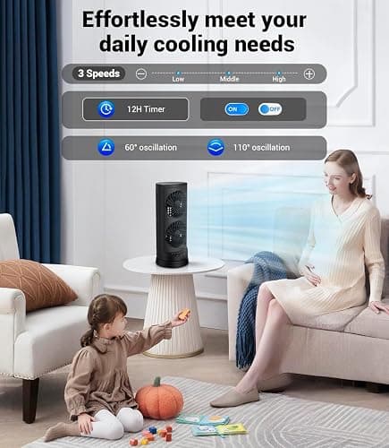 Personal Tower Cooling Fans that Blow Cold Air,25dB Quiet Fan with 24ft/s | Standing Small Desk Fan with 3 Speeds & Timer, 60° & 110° Oscillating Table Fan, Electric Floor Fan for Bedroom, Home thumbnail 4